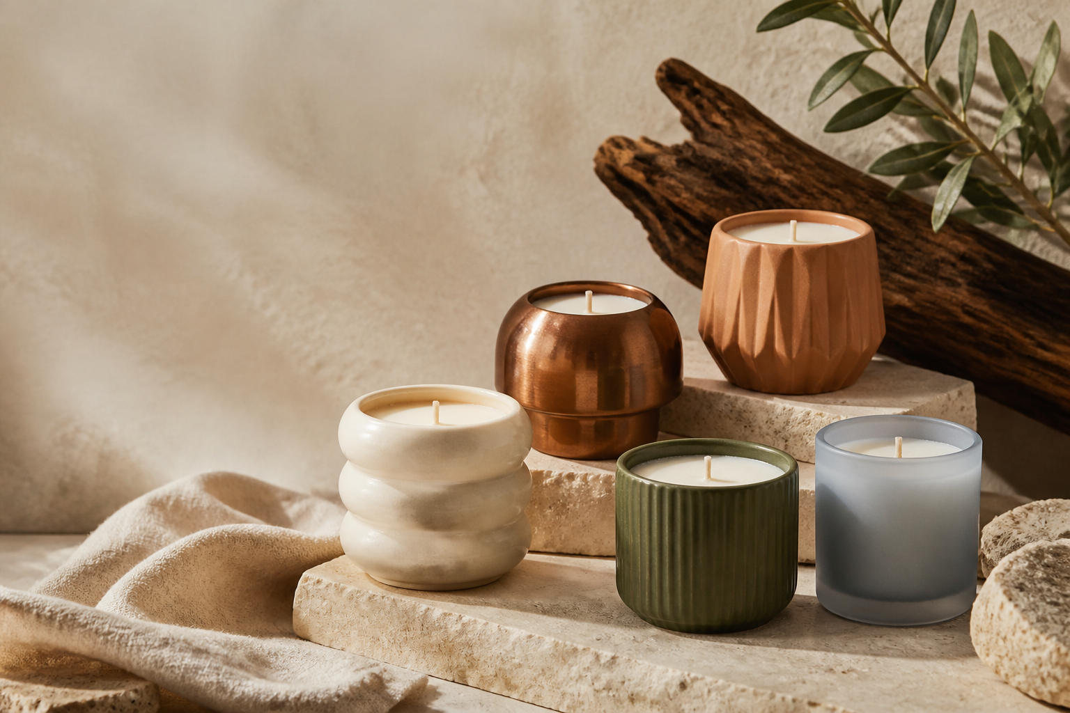 JDAGE sculptural aromatherapy candles displayed on warm stone