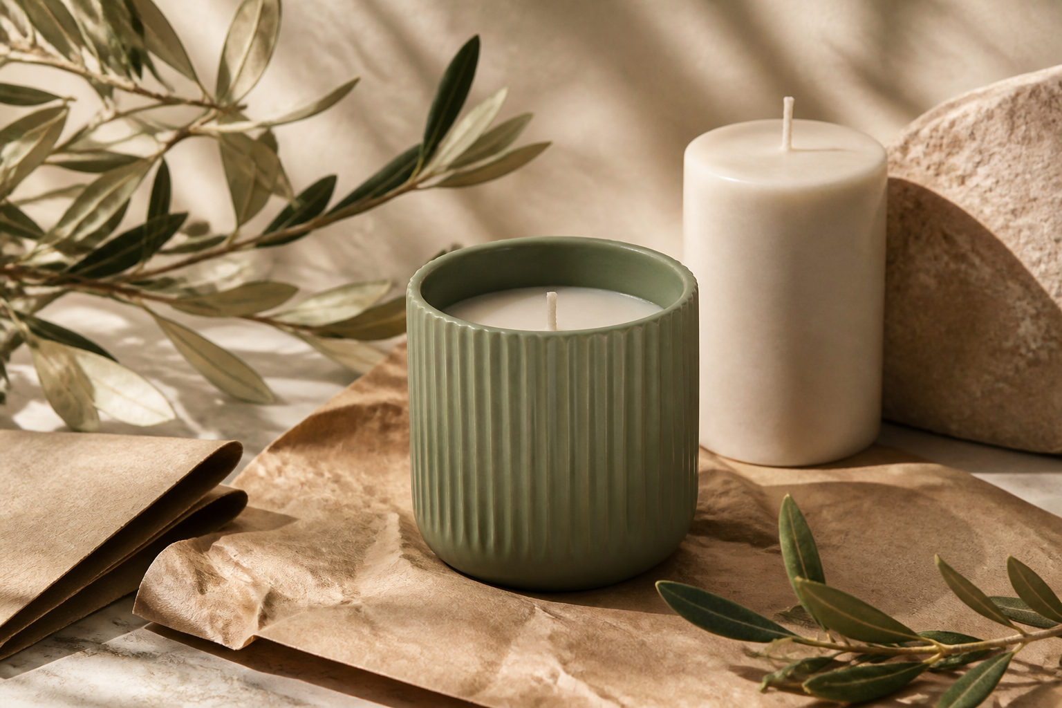 Sage candle with natural kraft paper and olive leaves
