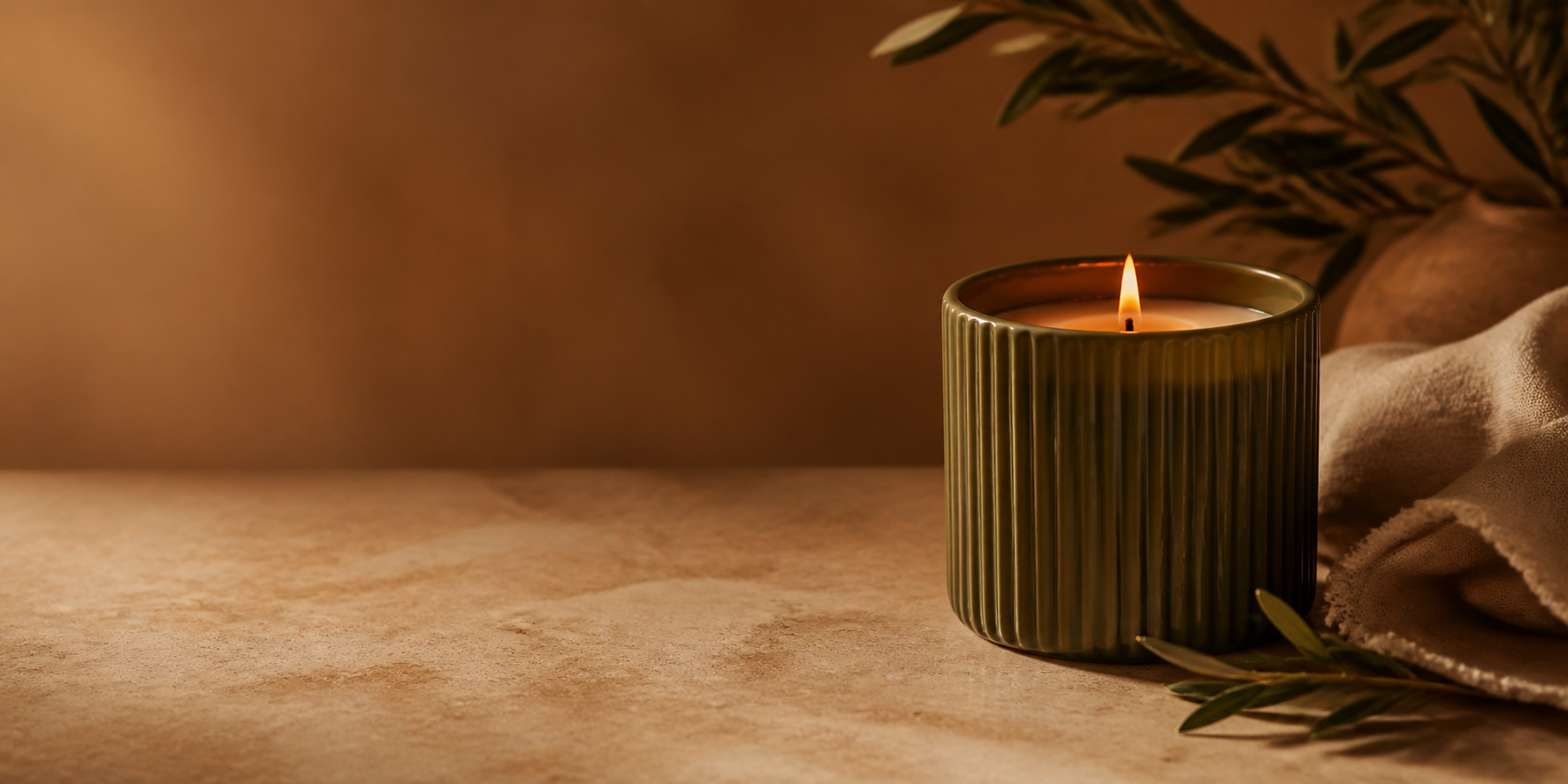 Moss green candle burning beside linen and olive leaves